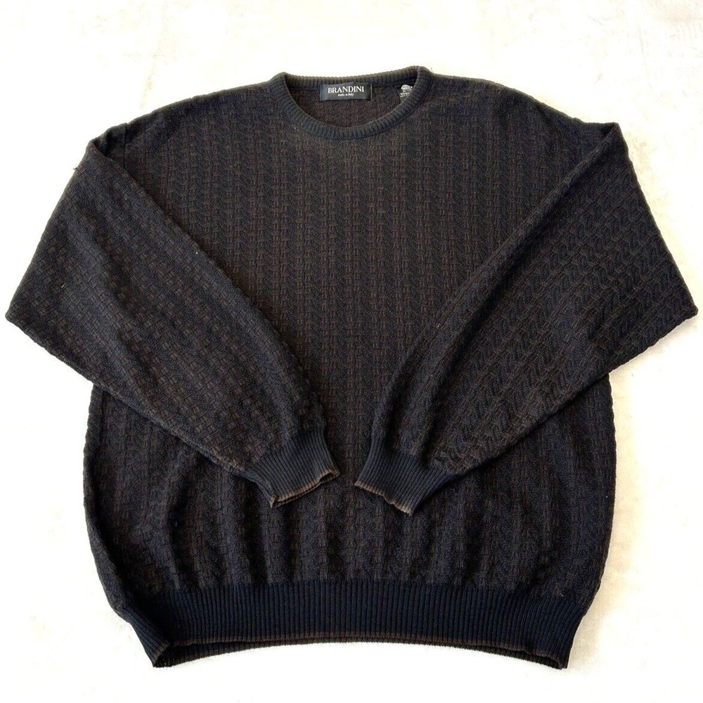 Brandini Men's 100% Wool Knit Jacquard Sweater Size L Brown/Black Made In Italy